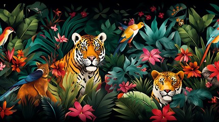 Fantasy Jungle, tropical illustration. Tiger, leopard, panther, monkey, parrots, flamingo, palm trees, flowers. wild African animals. Amazon forest animal on wallpaper for kids room, interior design