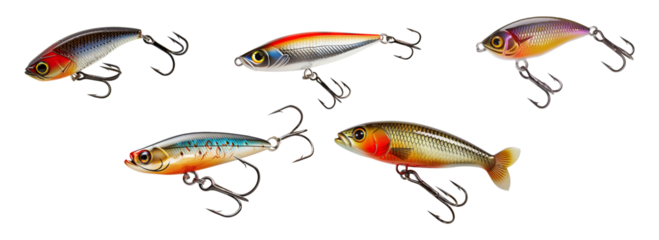 Set of fake baits for fishing isolated on transparent background