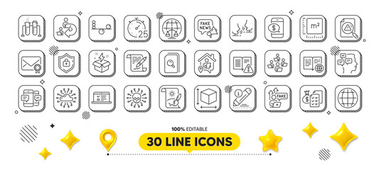 Messages, Creative idea and Balance line icons pack. 3d design elements. Search document, Magistrates court, Chemistry beaker web icon. Vector