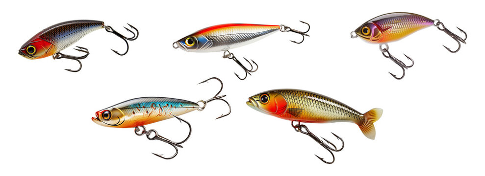 Set of fake baits for fishing isolated on transparent background