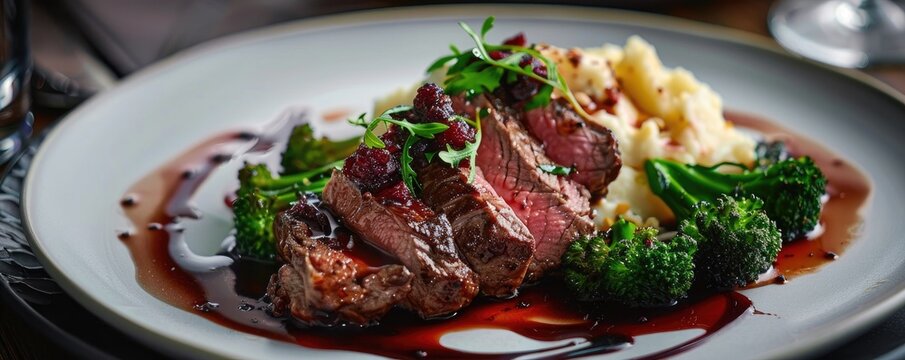 Juicy steak topped with blue cheese and broccolini served on a rustic plate, gourmet restaurant meal.