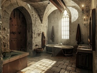 Medieval bathroom with stone arches and architecture, capturing the essence of ancient times