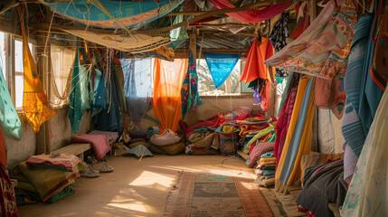 Fototapeta premium Deserted kite-making workshop shed with colorful fabrics and strings, ready for crafting but motionless.