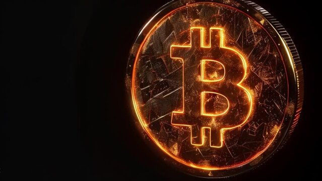 Shiny golden Currency with Bitcoin symbol. Cripto money, e-commerce finance virtual digital exchange concept. Gold sparkles on dark background