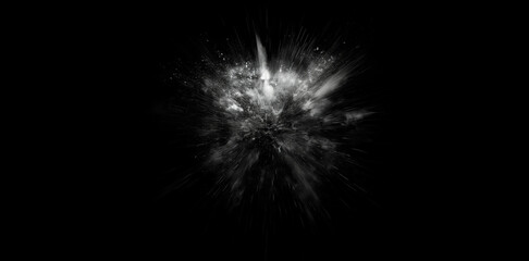 Explosion on a black background. White explosion from the center of the composition. Abstract explosion of white dust on a black background