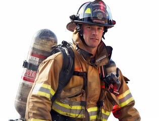 Fototapeta premium A firefighter in full gear, helmet secured, amidst billowing smoke, bravely battling flames to rescue lives, embodying courage and protection in the face of danger