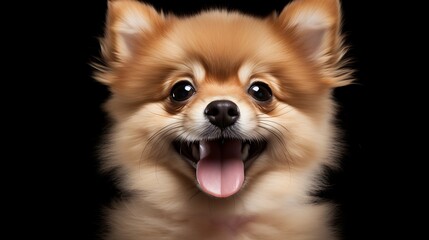 Obraz premium Cute portrait fluffy smile puppy dog looking at camera isolated on light background, funny moment, lovely dog, pet concept.