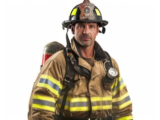 A firefighter in full gear, helmet secured, amidst billowing smoke, bravely battling flames to rescue lives, embodying courage and protection in the face of danger