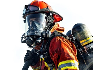 Naklejka premium A firefighter in full gear, helmet secured, amidst billowing smoke, bravely battling flames to rescue lives, embodying courage and protection in the face of danger