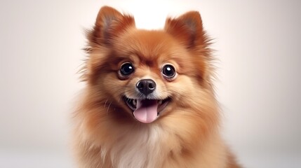 Fototapeta premium Cute portrait fluffy smile puppy dog looking at camera isolated on light background, funny moment, lovely dog, pet concept.