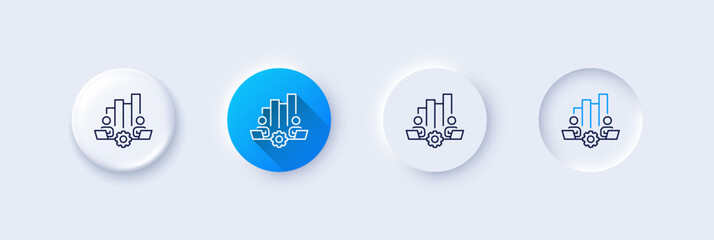 Teamwork chart line icon. Neumorphic, Blue gradient, 3d pin buttons. Remote office sign. Team employees symbol. Line icons. Neumorphic buttons with outline signs. Vector