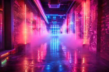 Neon Light Corridor Futuristic Room with Vibrant Lighting on black background 