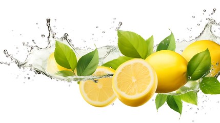 Lemon water splash isolated on a white transparent background, png. Lemon fruit slice, leaves and water splash. background water wave, citrus piece and mint foliage flying