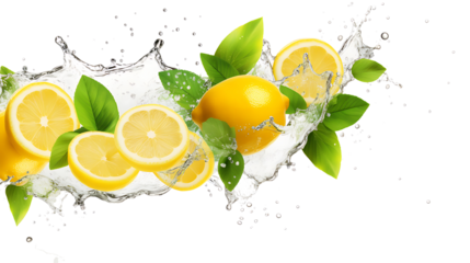Lemon water splash isolated on a white transparent background, png. Lemon fruit slice, leaves and water splash. background water wave, citrus piece and mint foliage flying