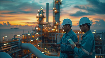 Two engineers engaged in discussion against the backdrop of an oil refinery, power plant, and the setting sun