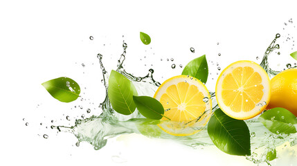 Lemon water splash isolated on a white transparent background, png. Lemon fruit slice, leaves and...