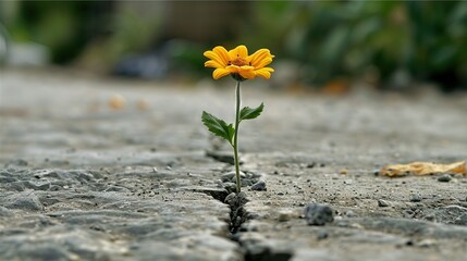   A solitary yellow bloom emerges from a crevice in the earth amidst a rocky landscape