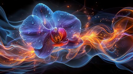   Flower close-up on dark background with blue and orange swirls and stars in the background