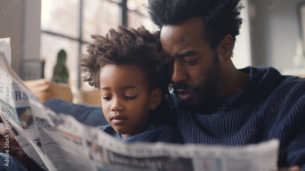 Wall mural father reading newspaper with child