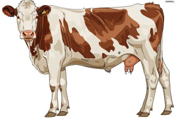 A brown and white cow grazing in a green meadow. This dairy farm animal enjoys fresh grass in the expansive field, producing wholesome milk