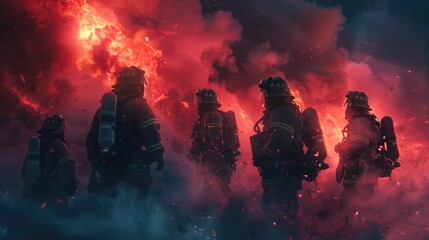 Fototapeta premium Determined Firefighters Preparing to Battle Intense Inferno Amidst Billowing Smoke
