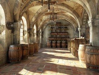 wine cellar with grand arches and sturdy stone columns supporting vaulted ceilings, reflecting light from stained glass windows