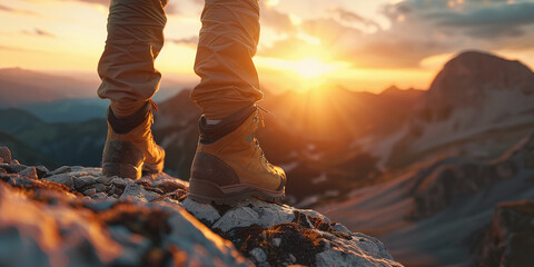 A man in hiking pants stands on top of the mountain, his back is turned to us as he looks at the sun setting over the mountains in the golden hour - Powered by Adobe