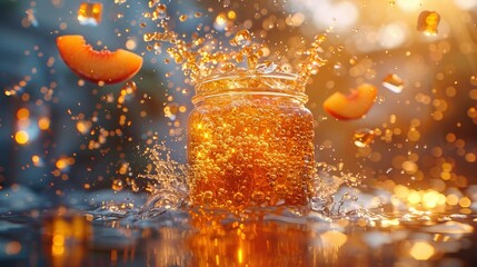   A jar filled with liquid sits atop a table, alongside an orange-filled glass of water