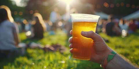 A hand holding a beer in a plastic cup at an outdoor concert on green grass with a blurred crowd in the background on a sunny day with natural light