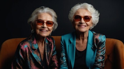 Obraz premium Elderly Caucasian woman in chic attire, radiating joy, against a black backdrop.