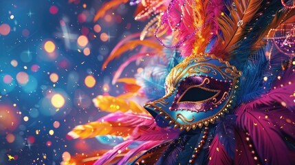 Vibrant Carnival-Themed Background with Feathers, Beads, and Masks Representing a Festive Mardi Gras Scene