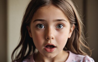 A young girl with brown layered hair and pigtails is making a surprised gesture