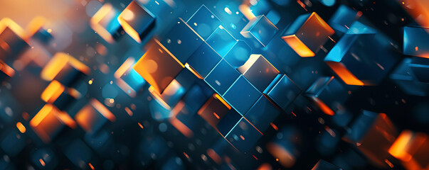 Obraz premium Abstract background with cubes and glowing elements, blue, red, and orange colors. Background of digital technology concept