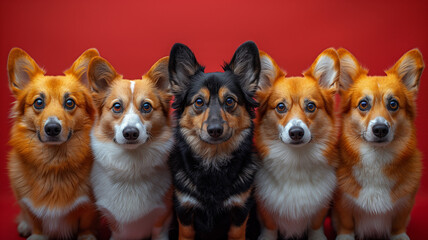 five dogs looking in camera, ears stick up