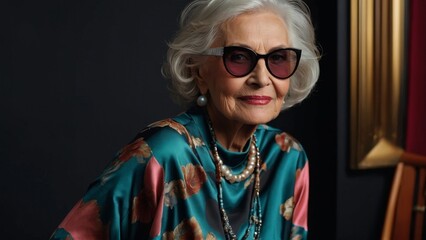 Obraz premium Elderly Caucasian woman in chic attire, radiating joy, against a black backdrop.