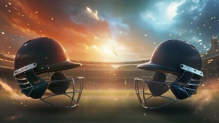 World Cup Cricket Two helmets of opposing teams are shown in a stadium Poster Cricket league poster...