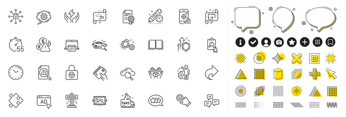 Set of Seo phone, Cogwheel and Cloud computing line icons for web app. Design elements, Social media icons. Password encryption, Share, Deflation icons. Vector