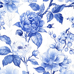 Blue and white ink illustration of flowers, peonies, orchids, leaves, white background. seamless pattern with elegant floral  blue against a pure white backdrop.