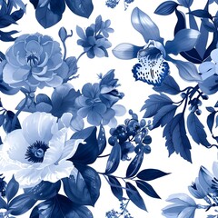 Blue and white ink illustration of flowers, peonies, orchids, leaves, white background. seamless pattern with elegant floral  blue against a pure white backdrop.