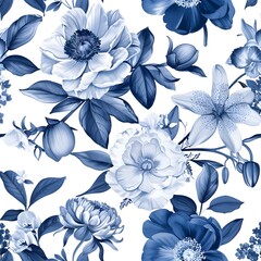 Blue and white ink illustration of flowers, peonies, orchids, leaves, white background. seamless pattern with elegant floral  blue against a pure white backdrop.