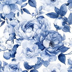 Blue and white ink illustration of flowers, peonies, orchids, leaves, white background. seamless pattern with elegant floral  blue against a pure white backdrop.