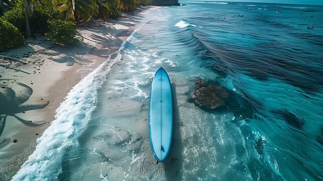 A light blue surfboard on a tropical beach scene billboard, advertising surfing lessons and gear.