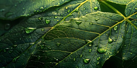 Fototapeta premium Close-up of fresh green leaves with water droplets, highlighting natural textures