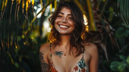 Smiling Woman With Tattoos in Front of Palm Tree
