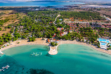 Zaton, Croatia - Aerial view of Zaton tourist waterfront with turquoise sea water, Nin village and...