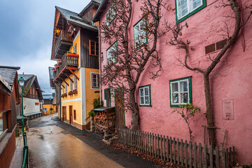 Hallstatt, Austria - Streetview of world famous Hallstatt, the Unesco protected lakeside town with traditional austian houses on a cold foggy day at Salzkammergut region