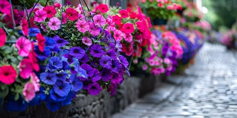 Vibrant petunias in hanging baskets lining a cobblestone alleyway. Concept Flower Trellis, Urban Gardening, Cobblestone Path, Hanging Basket Beauties, Vibrant Petunias