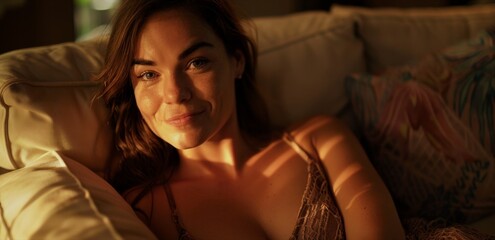 Woman Relaxing on Couch With Eyes Closed