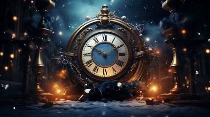 A clock striking midnight, surrounded by festive decorations, signaling the arrival of the New Year. 8k
