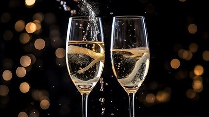 A close-up of champagne glasses filled with bubbling liquid, ready to be raised in a toast to the New Year. 8k